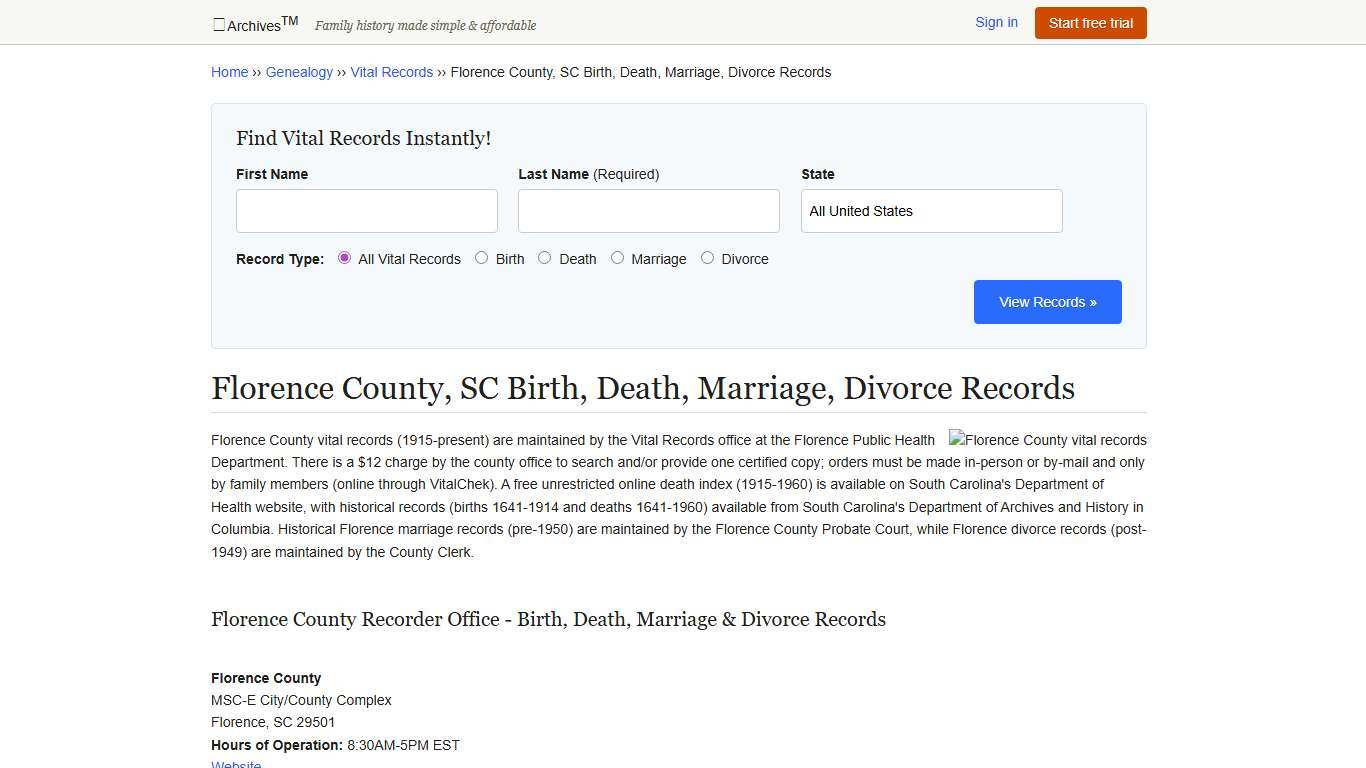 Florence County, SC Birth, Death, Marriage, Divorce Records